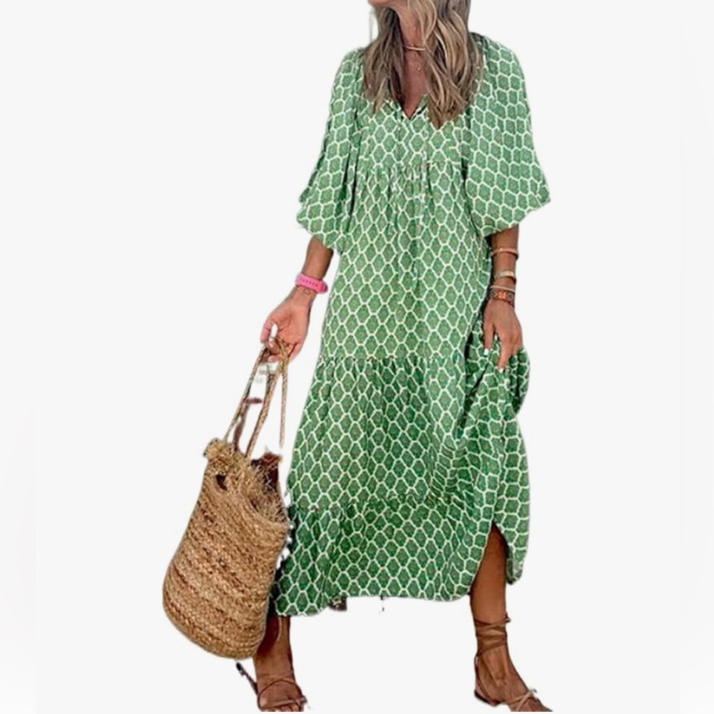 Green V-Neck Puff Sleeve Maxi Dress women’s medium